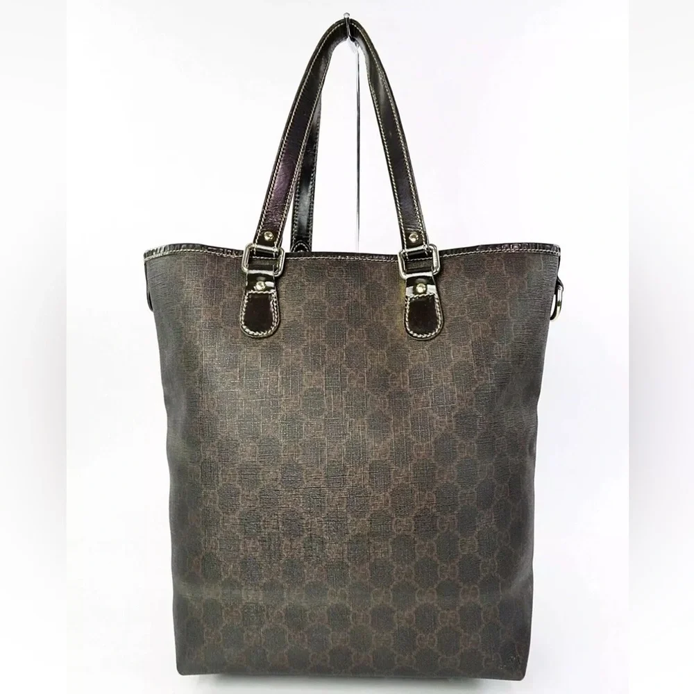 Gucci Supreme pvc coated canvas and leather tote bag deep brown